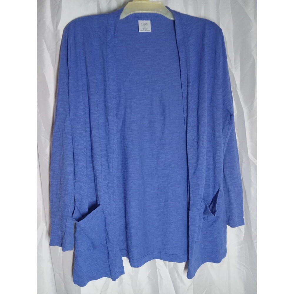 Cielo Womans Open Front Cardigan Sweater Solid Blue Cotton Blend Long Sleeve